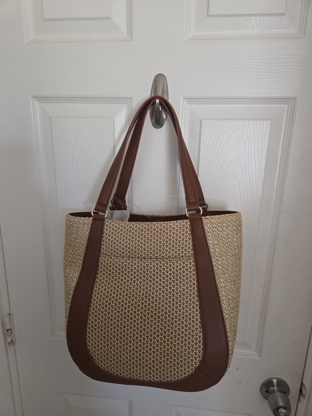 Woven Straw Tote Bag with Brown Trim
